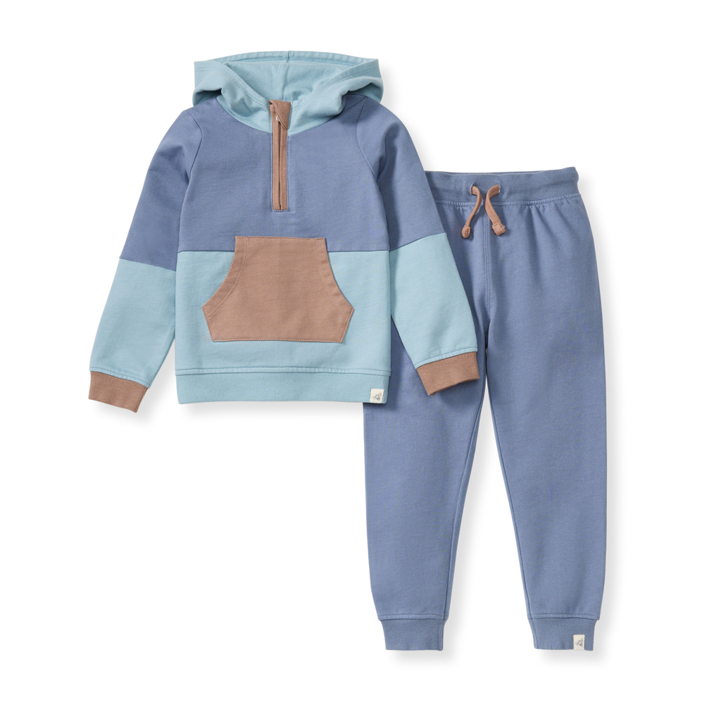 Children's two-piece outfit with a hoodie and jogger pants in blue and brown on a white background