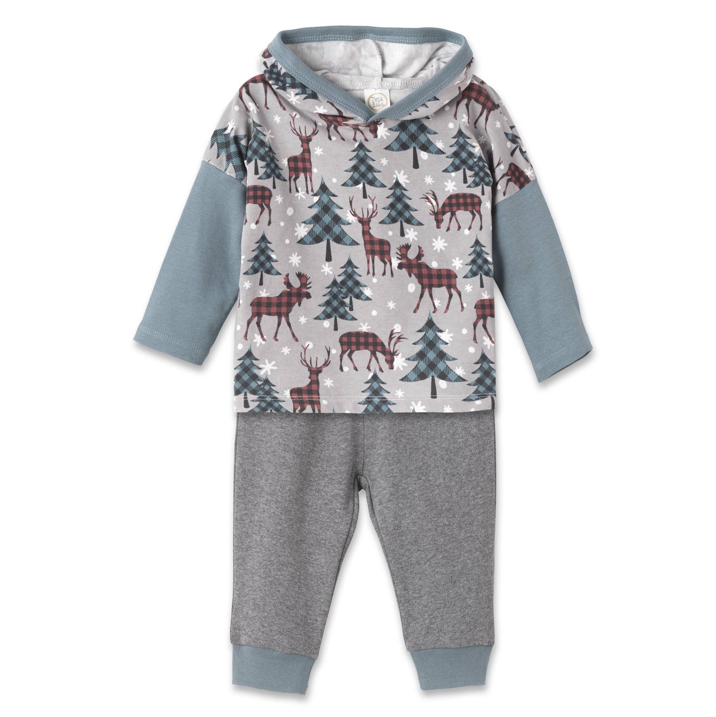 A toddler's Christmas outfit set with a hooded top featuring a pine tree and deer pattern and matching pants in a grey color.