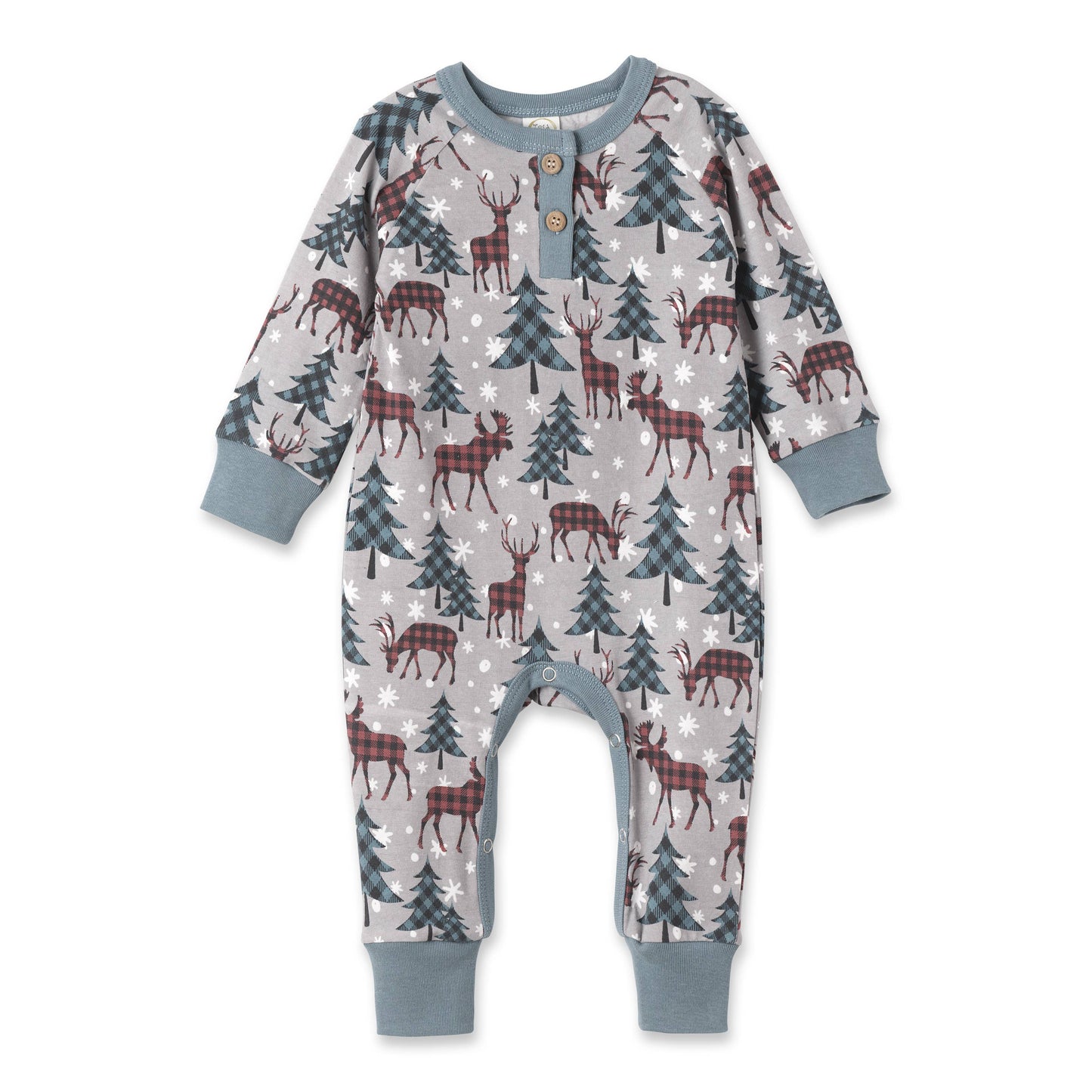 A festive Christmas-themed baby romper with a pattern of trees and reindeer, featuring a blue Henley neckline and cuffs.