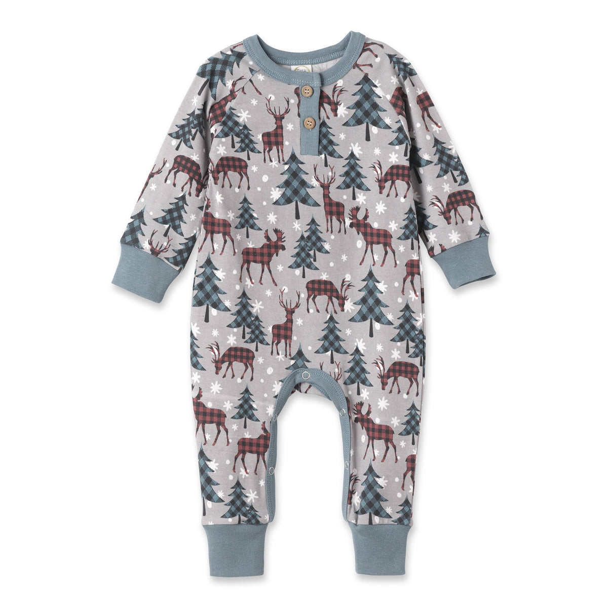 A festive Christmas-themed baby romper with a pattern of trees and reindeer, featuring a blue Henley neckline and cuffs.