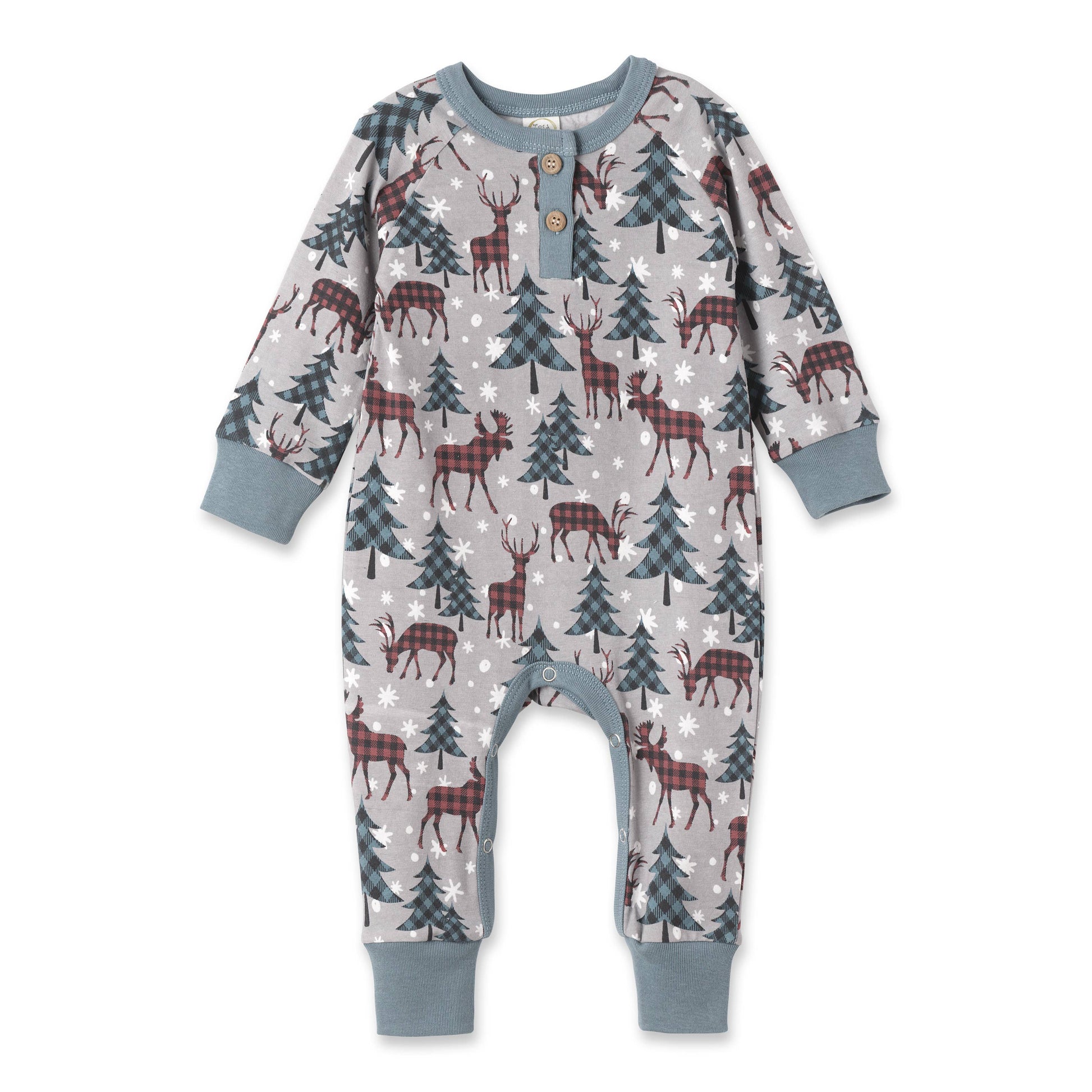 A festive Christmas-themed baby romper with a pattern of trees and reindeer, featuring a blue Henley neckline and cuffs.