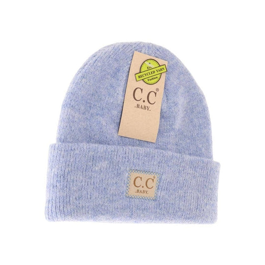 Soft Ribbed Leather Patch C.C. Newborn Knit Hat: Heather Blue