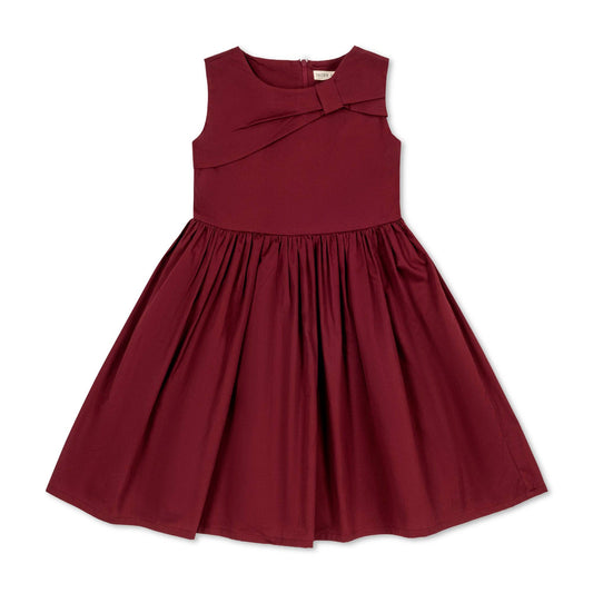 Maroon dress with a bow detail on a white background