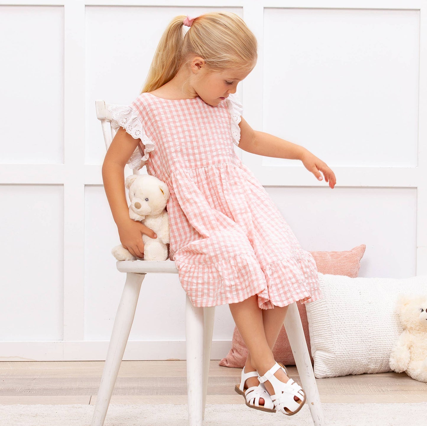 Adeline Pink Gingham Eyelet Flutter Sleeve Cotton Dress