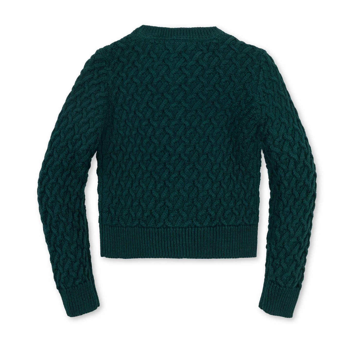back of Green cable knit sweater on a white background