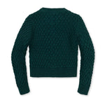 back of Green cable knit sweater on a white background