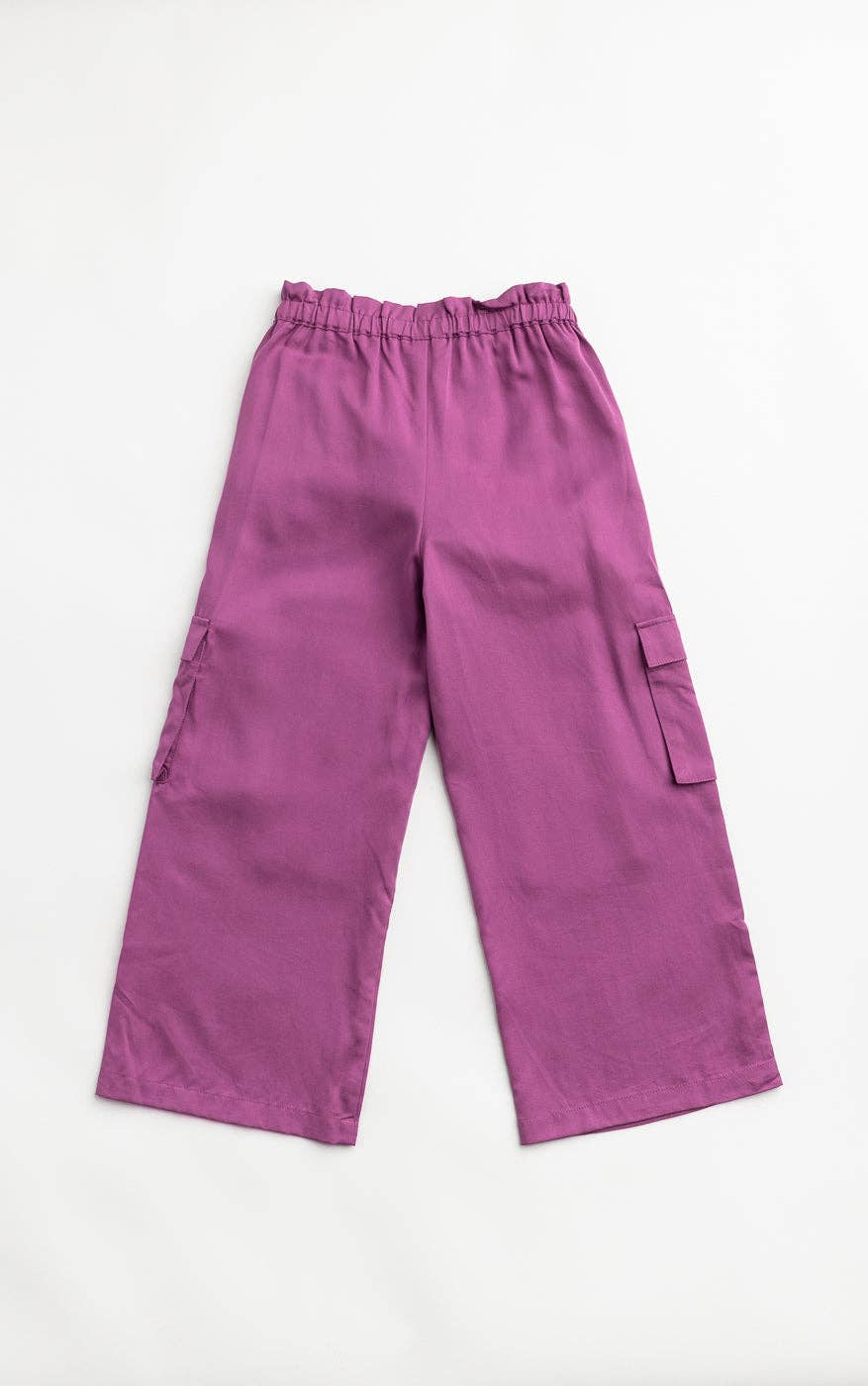 Purple cargo pants on a white background