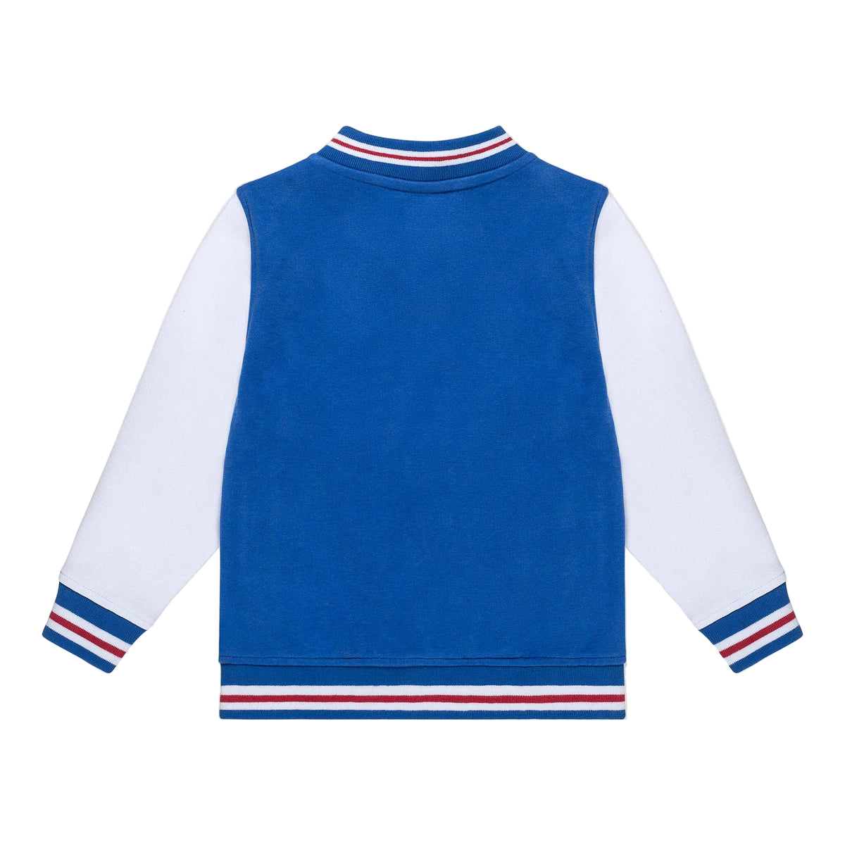 Back of Blue and white jacket with red and blue striped cuffs on a white background
