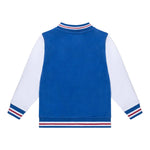 Back of Blue and white jacket with red and blue striped cuffs on a white background