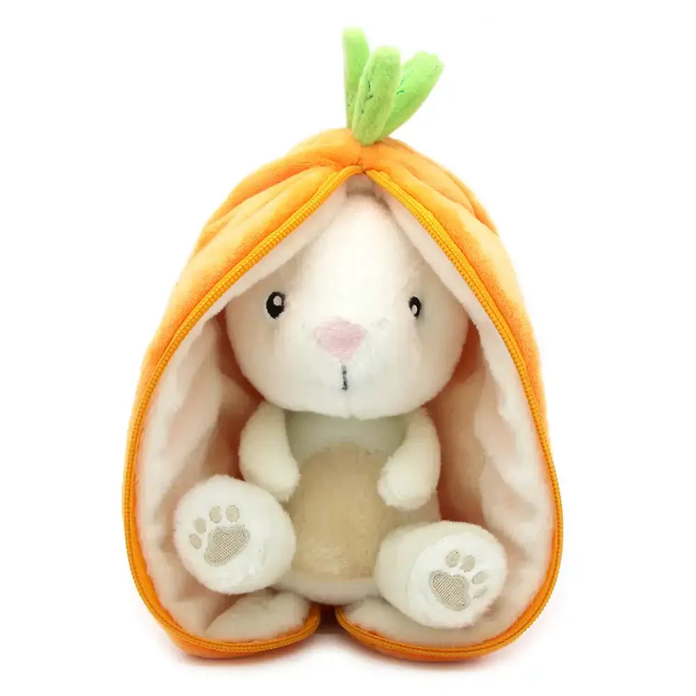 Plush toy rabbit inside a carrot-shaped container on a white background