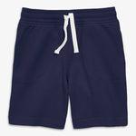 A pair of navy kids' gym shorts with a drawstring waist and side pockets.