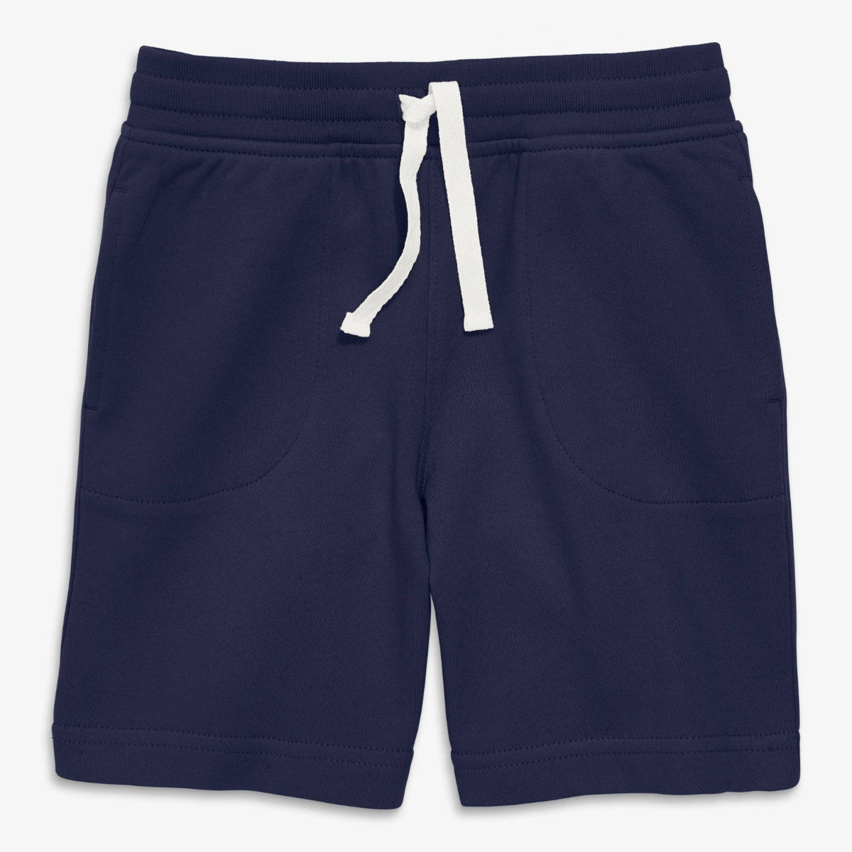 A pair of navy kids' gym shorts with a drawstring waist and side pockets.