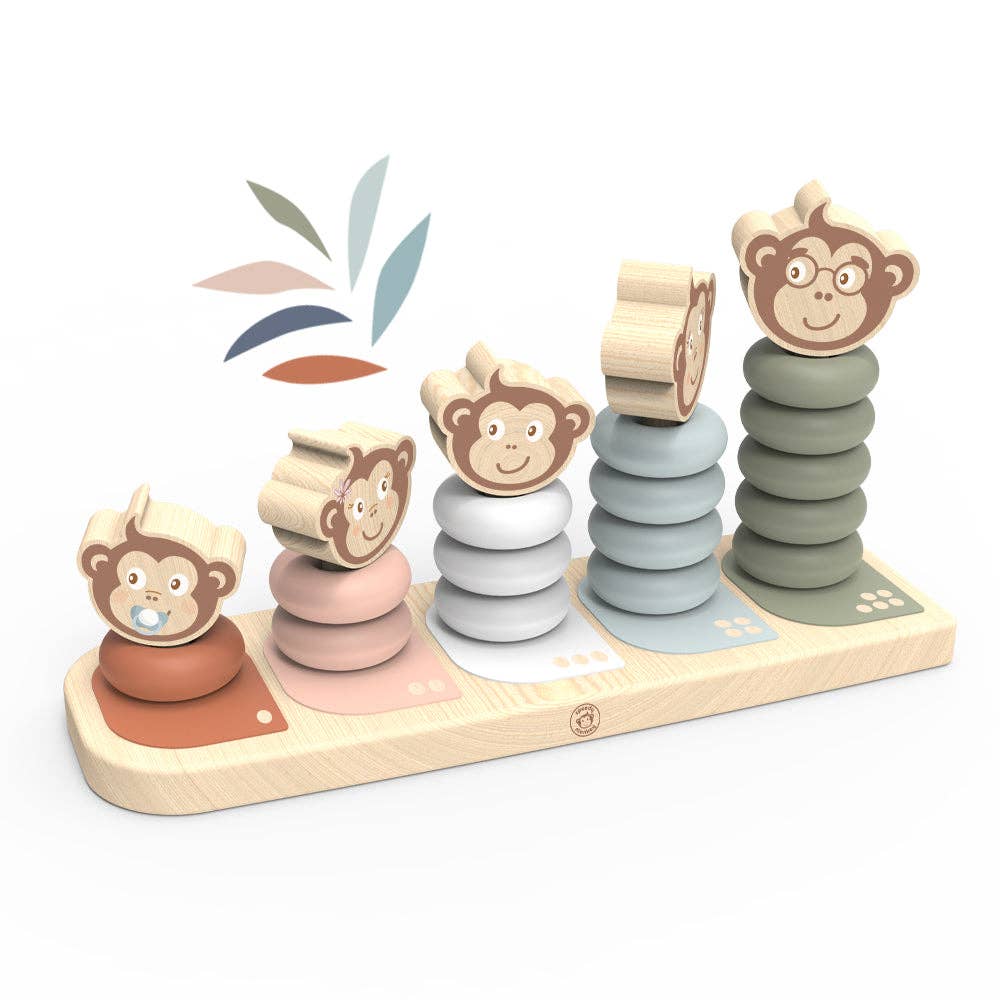 Wooden stacking toy with monkey designs on a white background