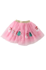 A pink tutu skirt with sequin decorations shaped like Santa, candy canes, and Christmas trees.