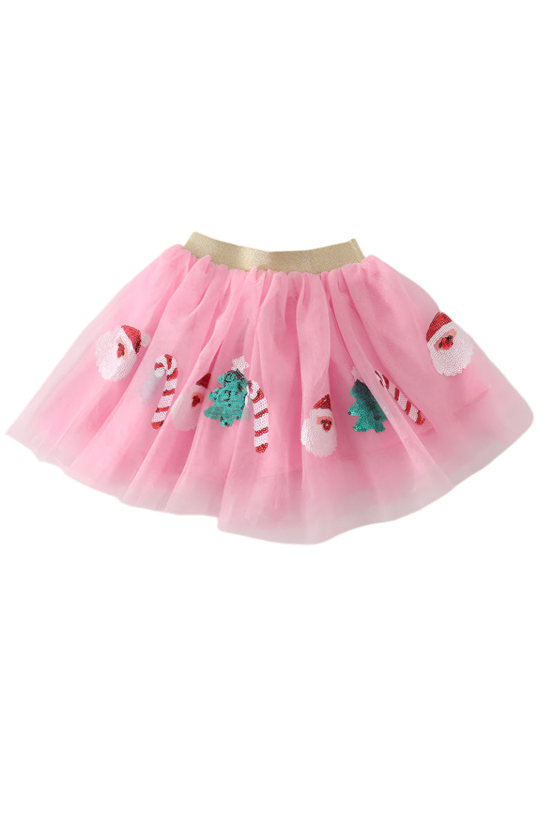 A pink tutu skirt with sequin decorations shaped like Santa, candy canes, and Christmas trees.