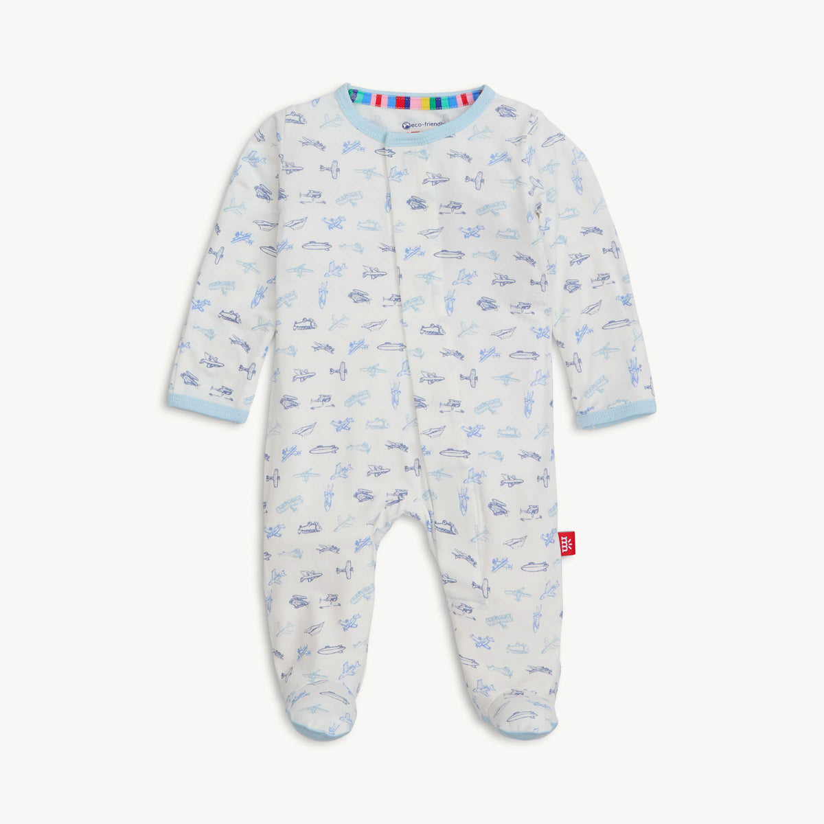 Baby onesie with airplane pattern on a white background