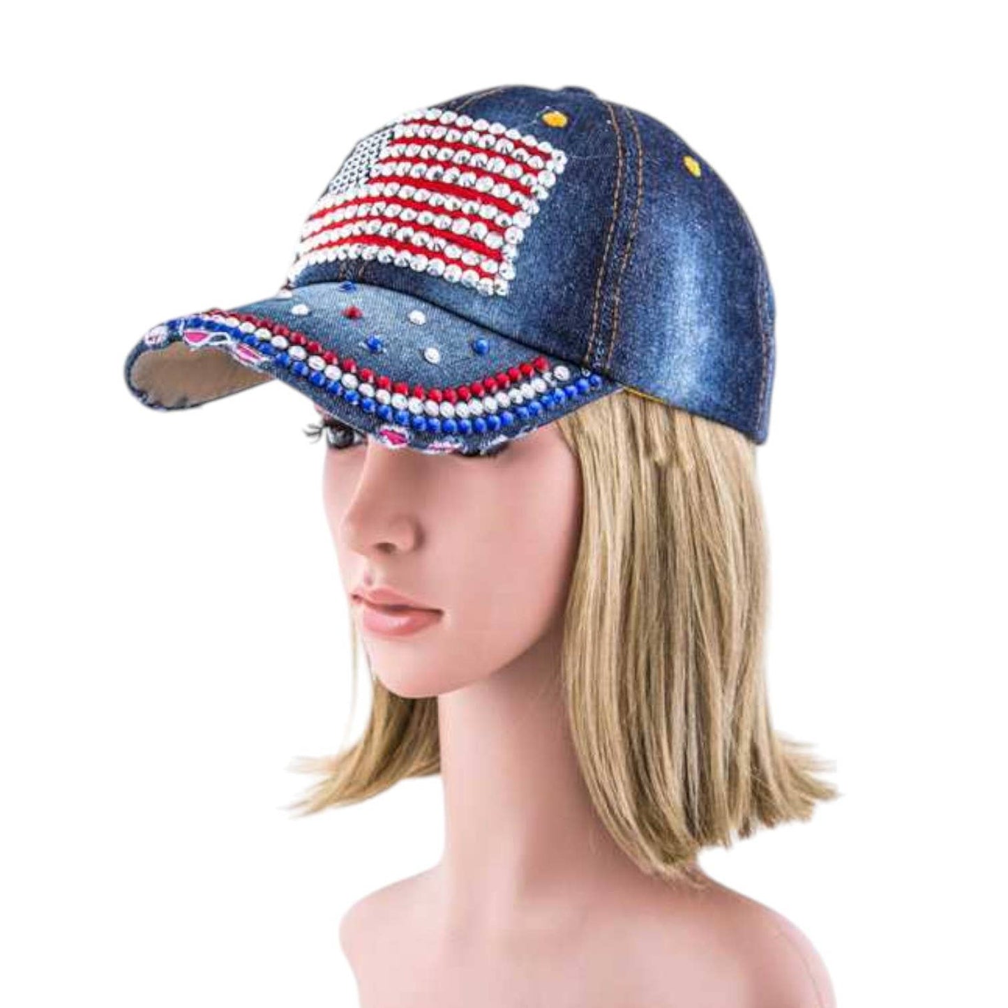 Denim cap with American flag design on a mannequin head against a white background