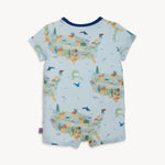 Baby romper with animal print on a light blue background