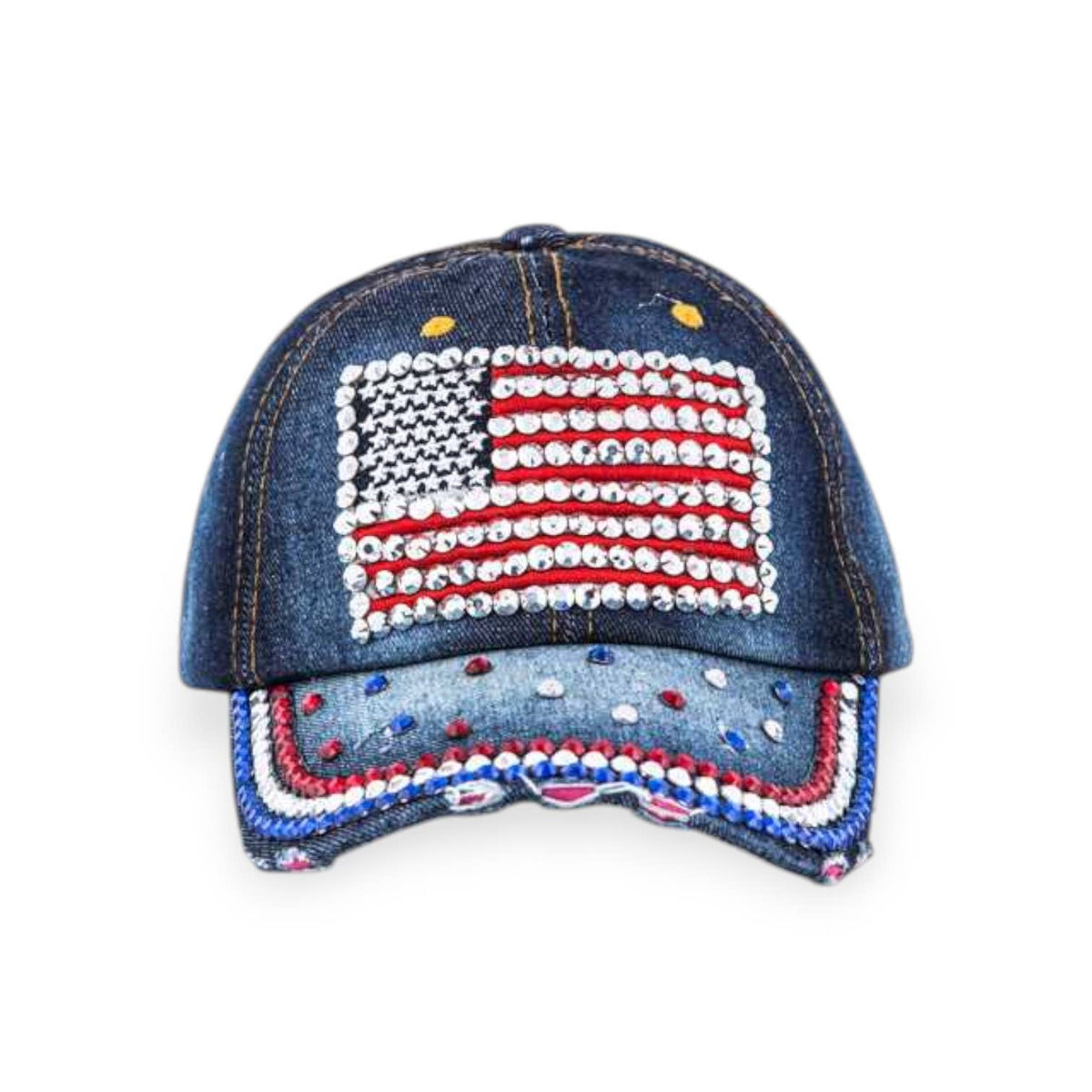 Denim cap with American flag design and rhinestones on a white background