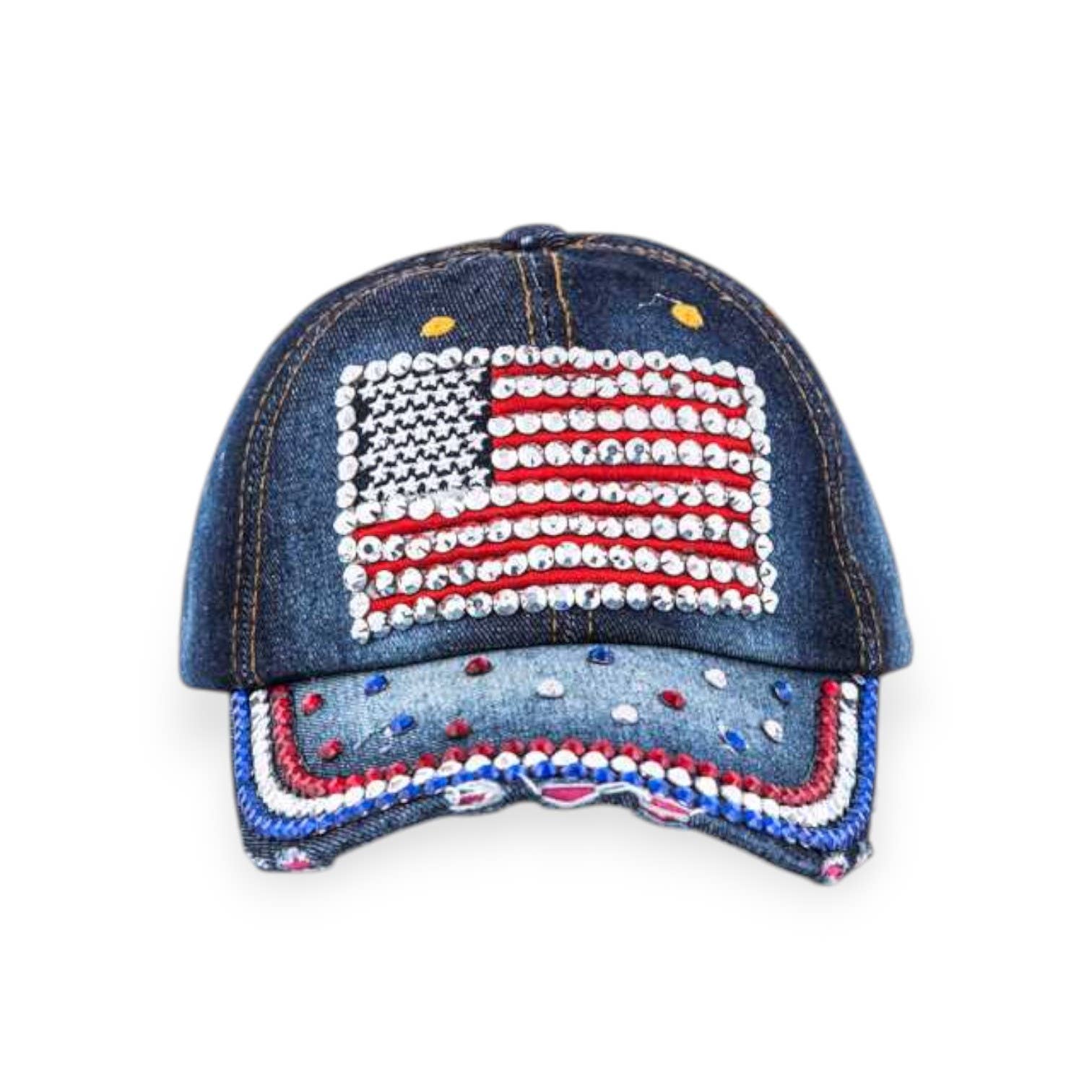 Denim cap with American flag design and rhinestones on a white background