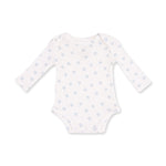 A long-sleeve baby bodysuit in white with a small, repeating light blue horseshoe pattern, displayed flat against a solid white background.
