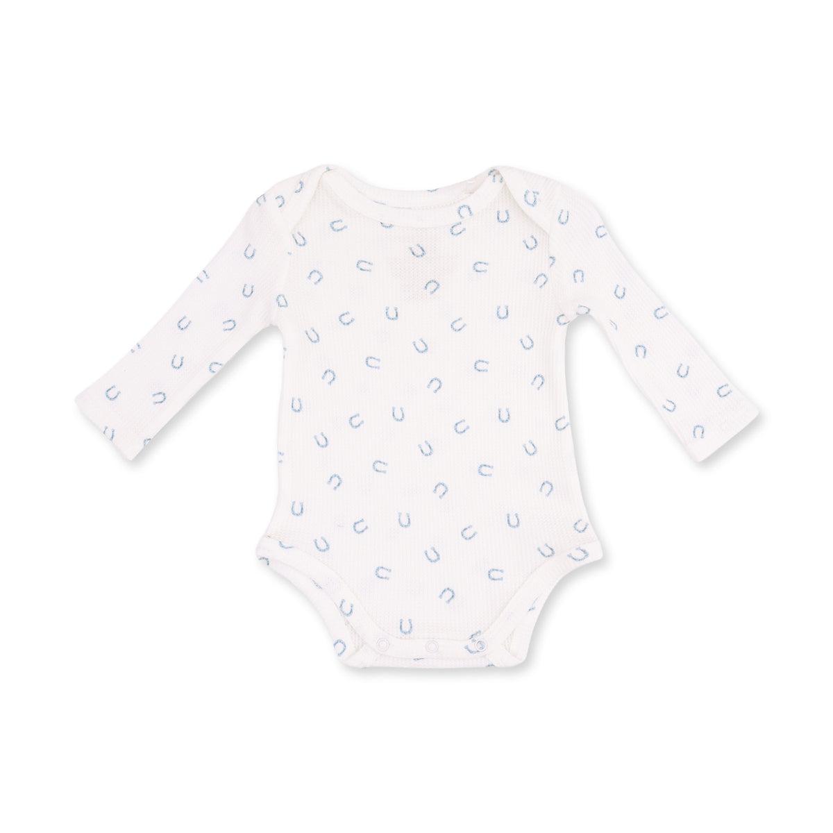 A long-sleeve baby bodysuit in white with a small, repeating light blue horseshoe pattern, displayed flat against a solid white background.