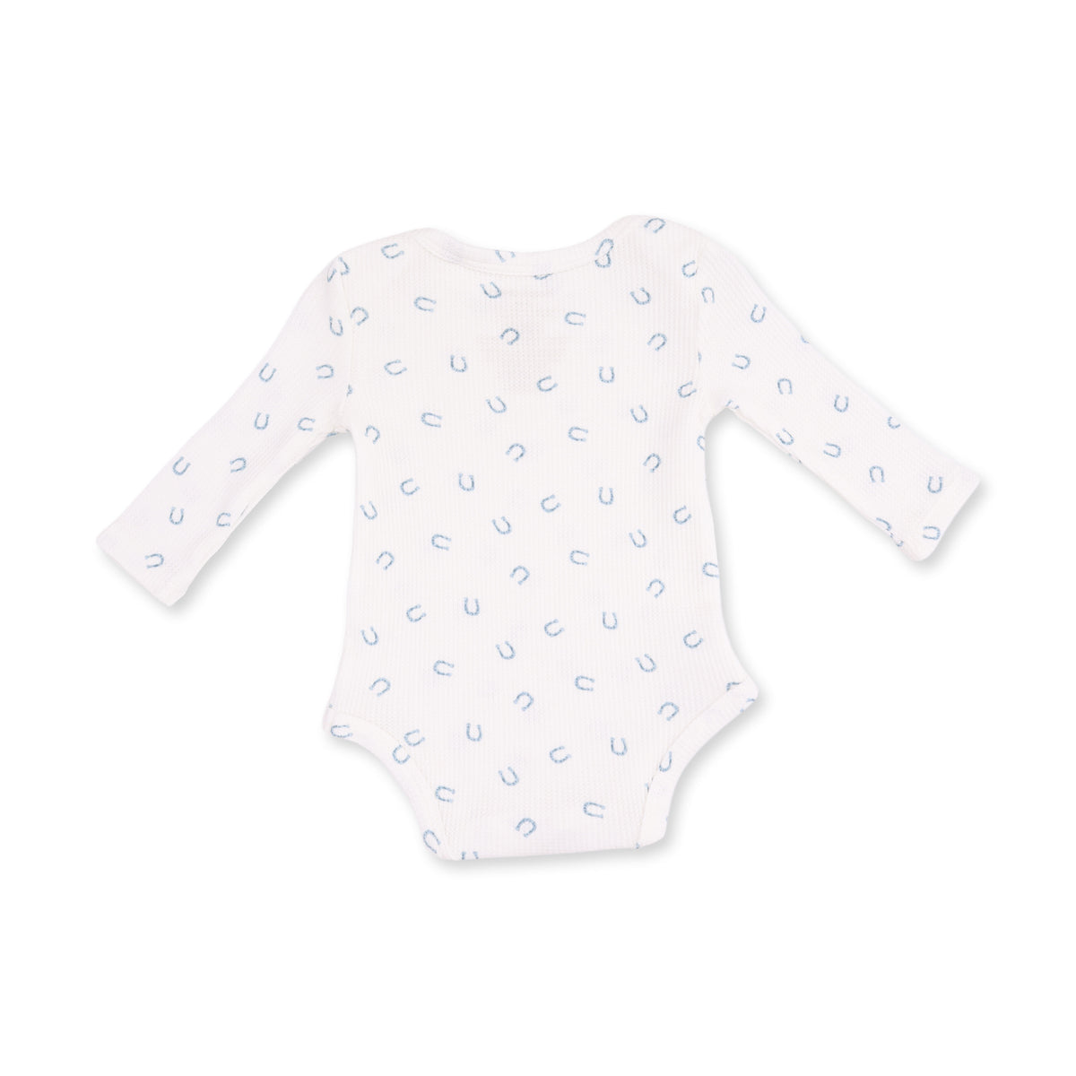 A long-sleeve white baby bodysuit with a repeating light blue horseshoe pattern, displayed flat against a solid white background.