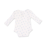 A long-sleeve white baby bodysuit with a repeating light blue horseshoe pattern, displayed flat against a solid white background.