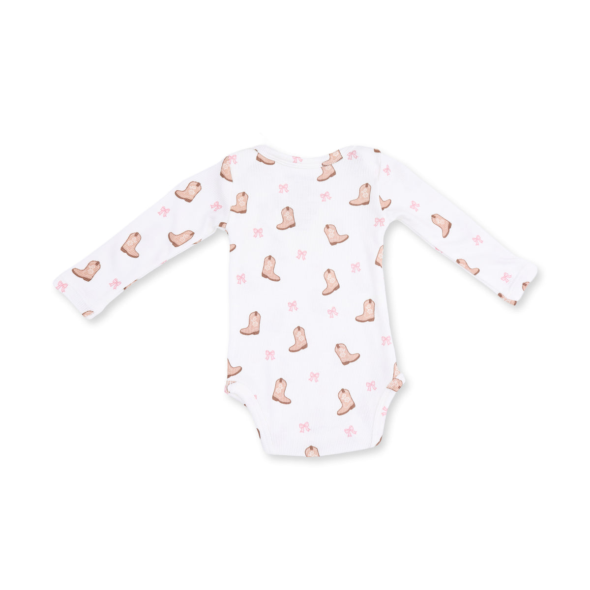 A white long-sleeve baby bodysuit featuring a repeating pattern of light brown cowboy boots and small pink bows, laid flat against a white background.