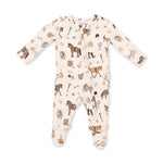 A baby long-sleeve footed sleeper in cream with an all-over equestrian-themed print of brown horses, boots, hats, and spades, shown flat on a white background.