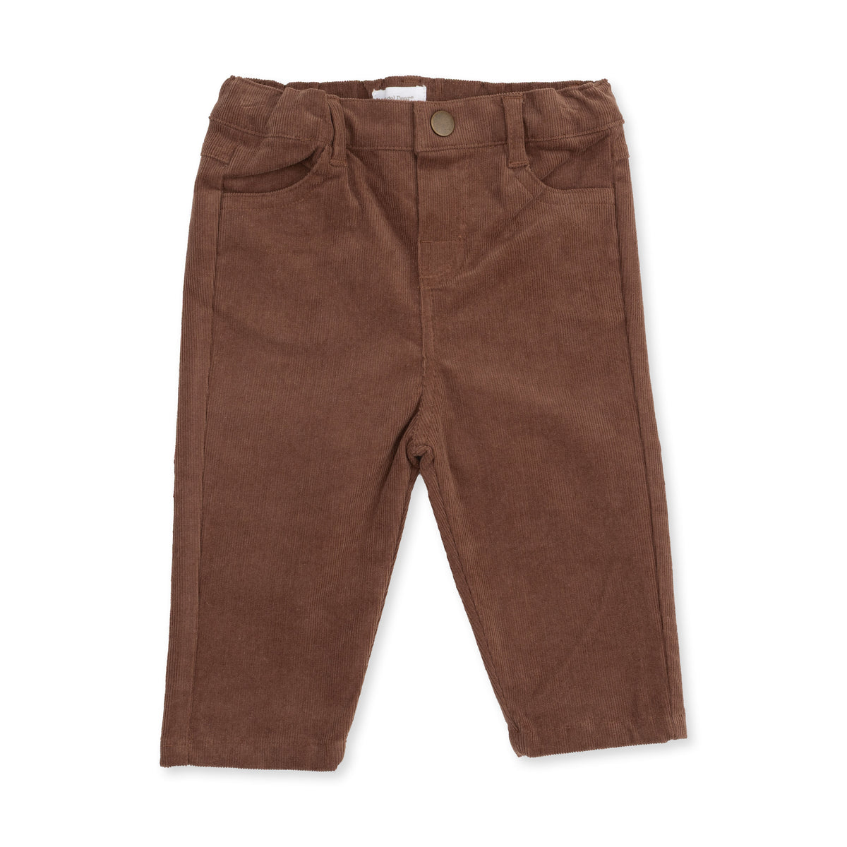 A pair of brown corduroy pants for toddlers, featuring a button closure and front pockets, laid flat on a white background.