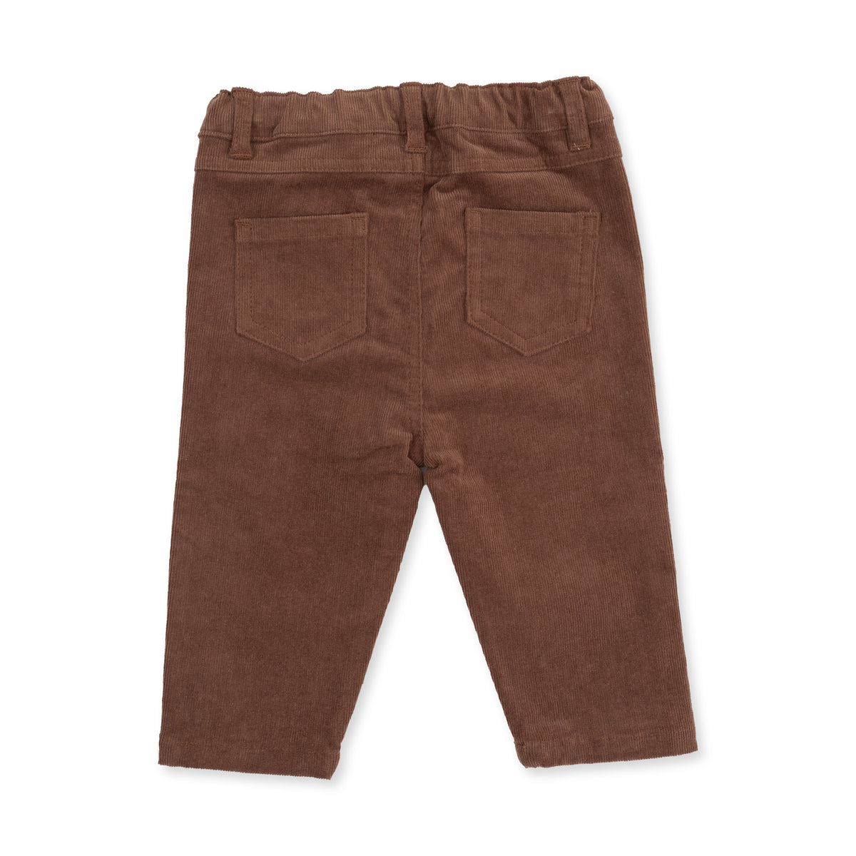 A pair of toddler brown corduroy pants shown from the back, featuring an elastic waistband and two back patch pockets, on a white background.