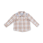 A toddler long-sleeve plaid shirt with a light blue-gray collar and shoulder yoke, featuring a tan and white checkered pattern. The shirt has buttoned chest pockets and is displayed flat against a white background.