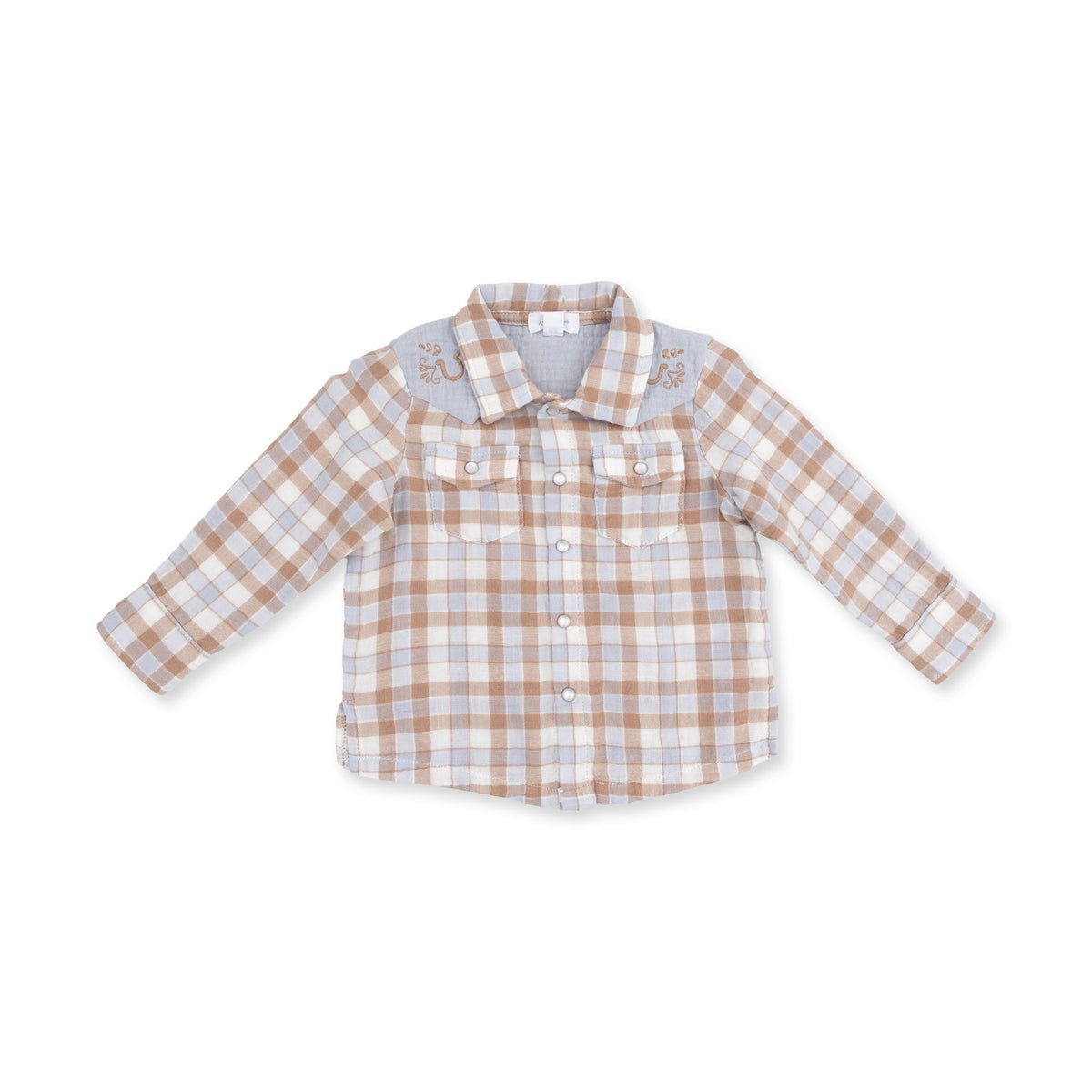 A toddler long-sleeve plaid shirt with a light blue-gray collar and shoulder yoke, featuring a tan and white checkered pattern. The shirt has buttoned chest pockets and is displayed flat against a white background.