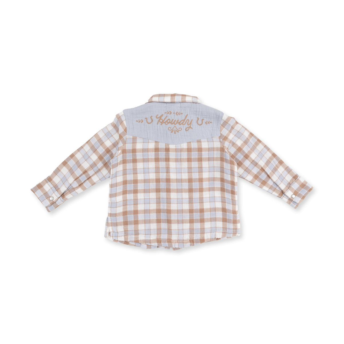 A children's long-sleeve plaid shirt shown from the back, featuring a white base with tan and light blue checks, a light blue collar, and 'Howdy U' embroidered in tan on the collar.