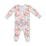 A baby footed one-piece jumpsuit with a long-sleeve design, featuring a pink and green floral rose pattern on a light blue background.