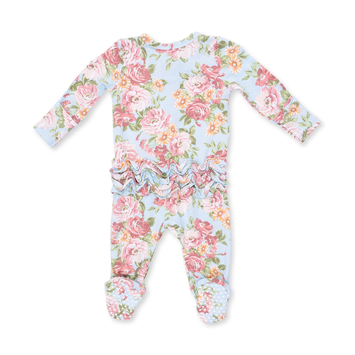 A baby footed one-piece jumpsuit with a long-sleeve design, featuring a pink and green floral rose pattern on a light blue background.