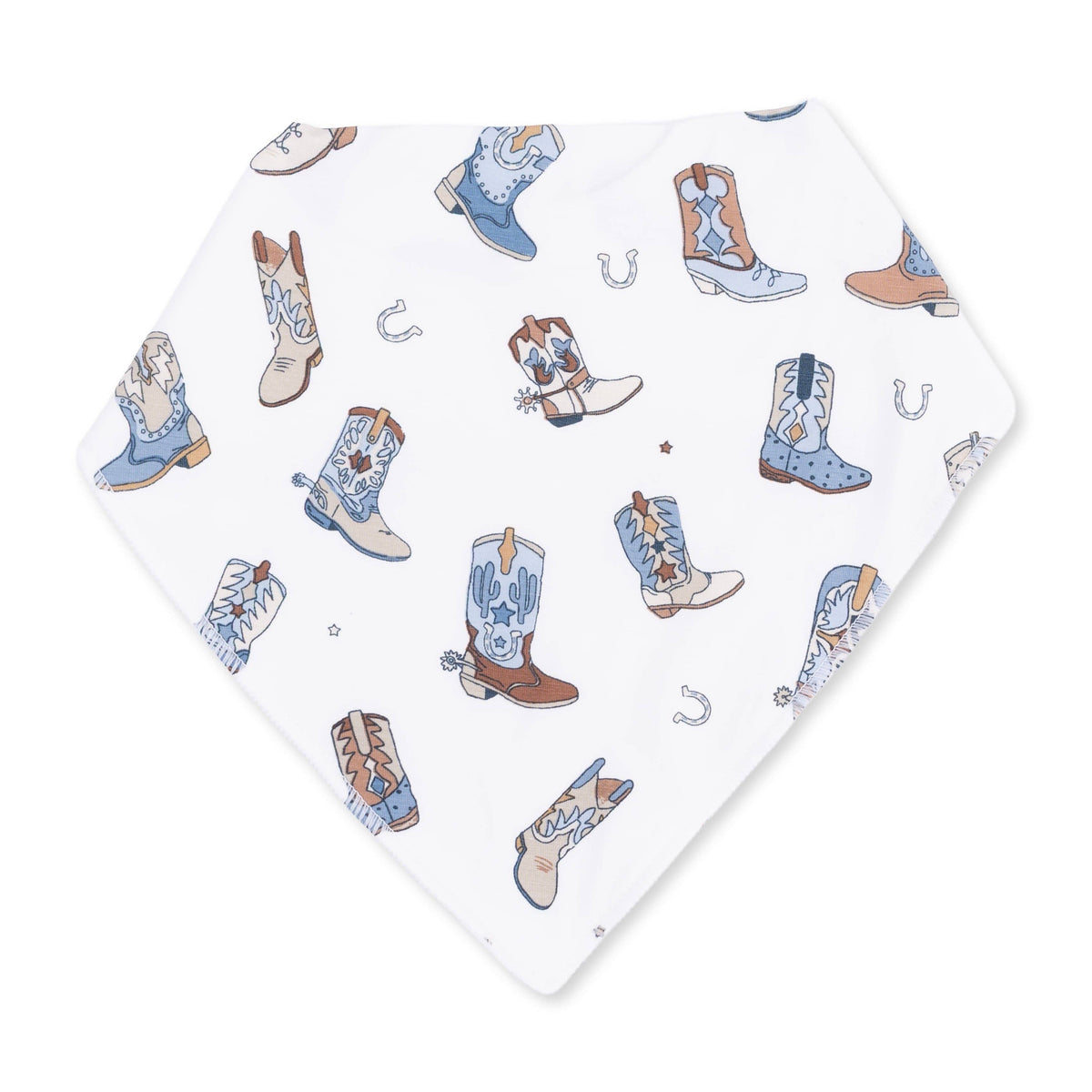 Bandana bib with cowboy boot pattern on a white background