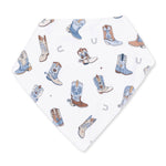 Bandana bib with cowboy boot pattern on a white background