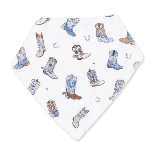 Bandana bib with cowboy boot pattern on a white background