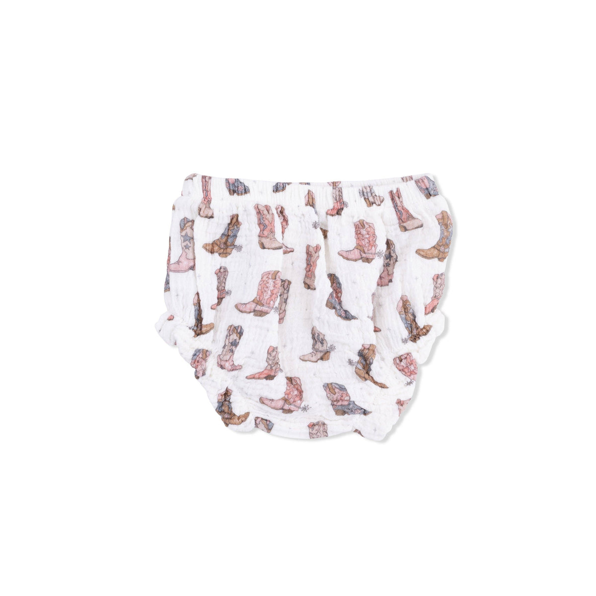 Baby bloomers with cowboy boot pattern on a white background