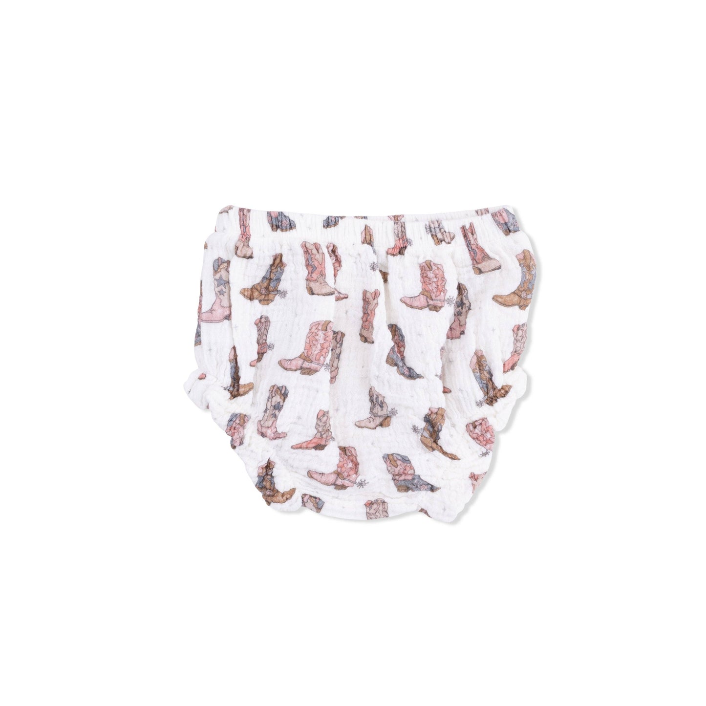 Baby bloomers with cowboy boot pattern on a white background