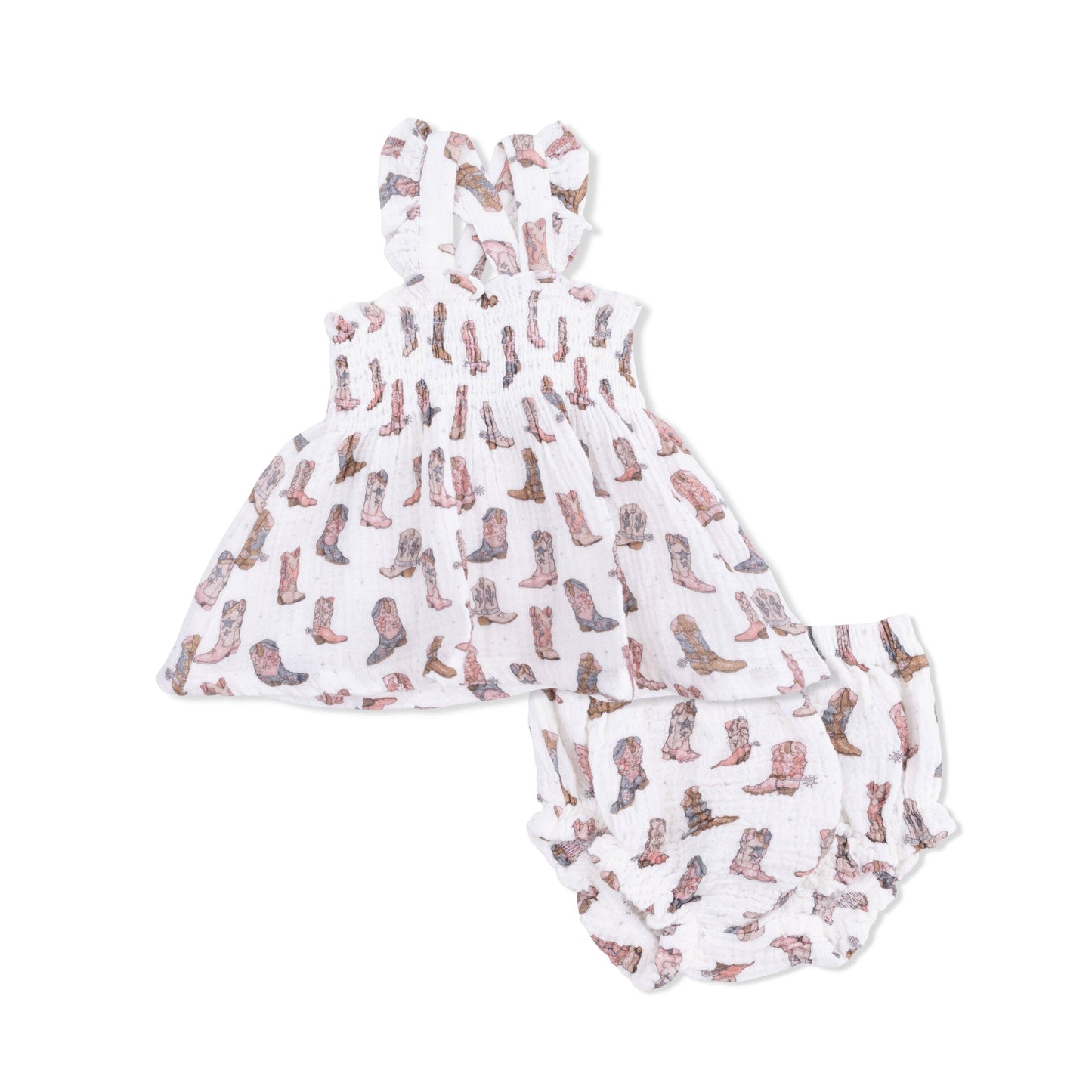 Baby romper with cowboy boot pattern on a white background