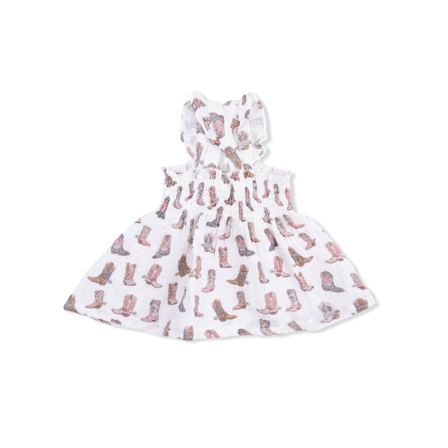 Baby dress with cowboy boot pattern on a white background