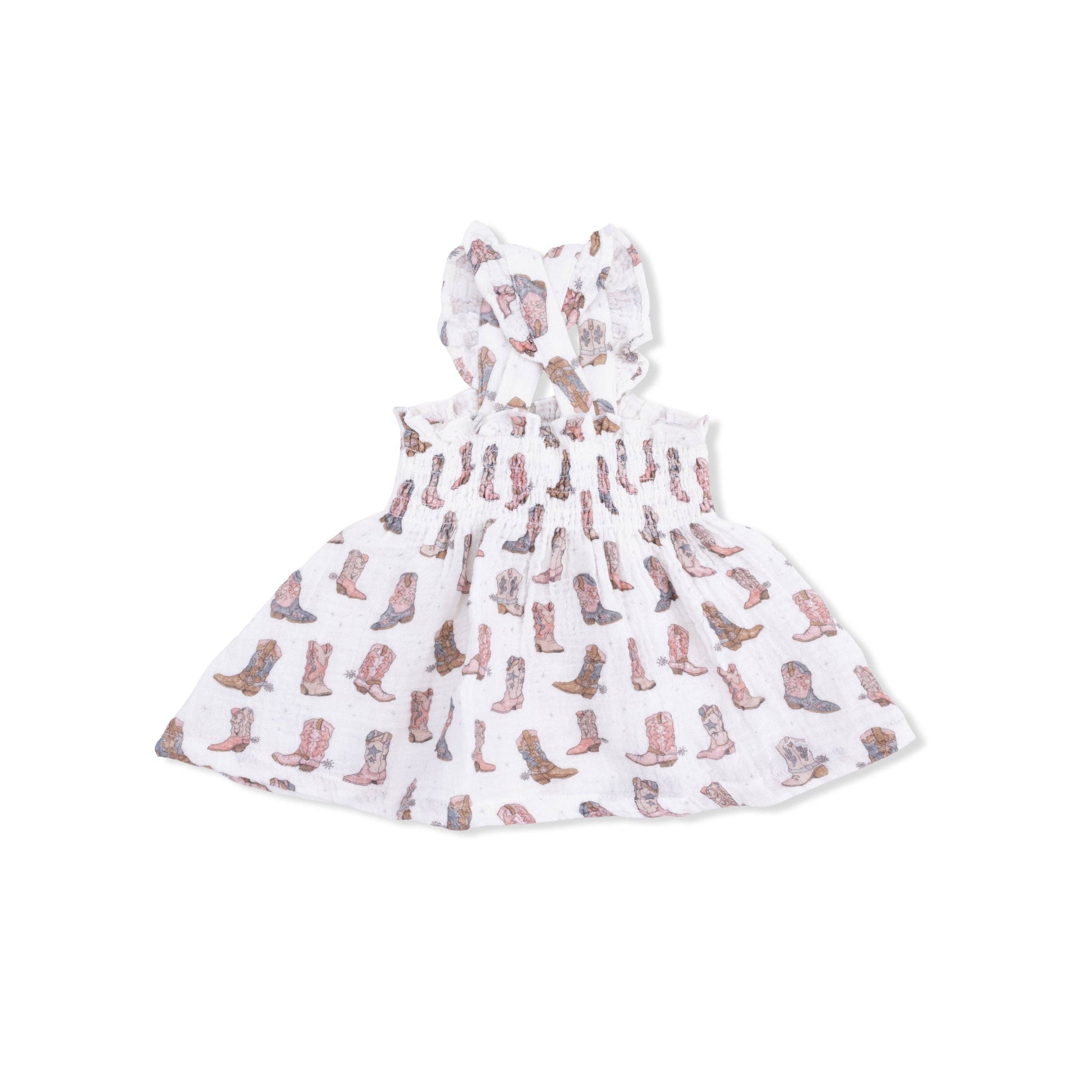 Baby dress with cowboy boot pattern on a white background