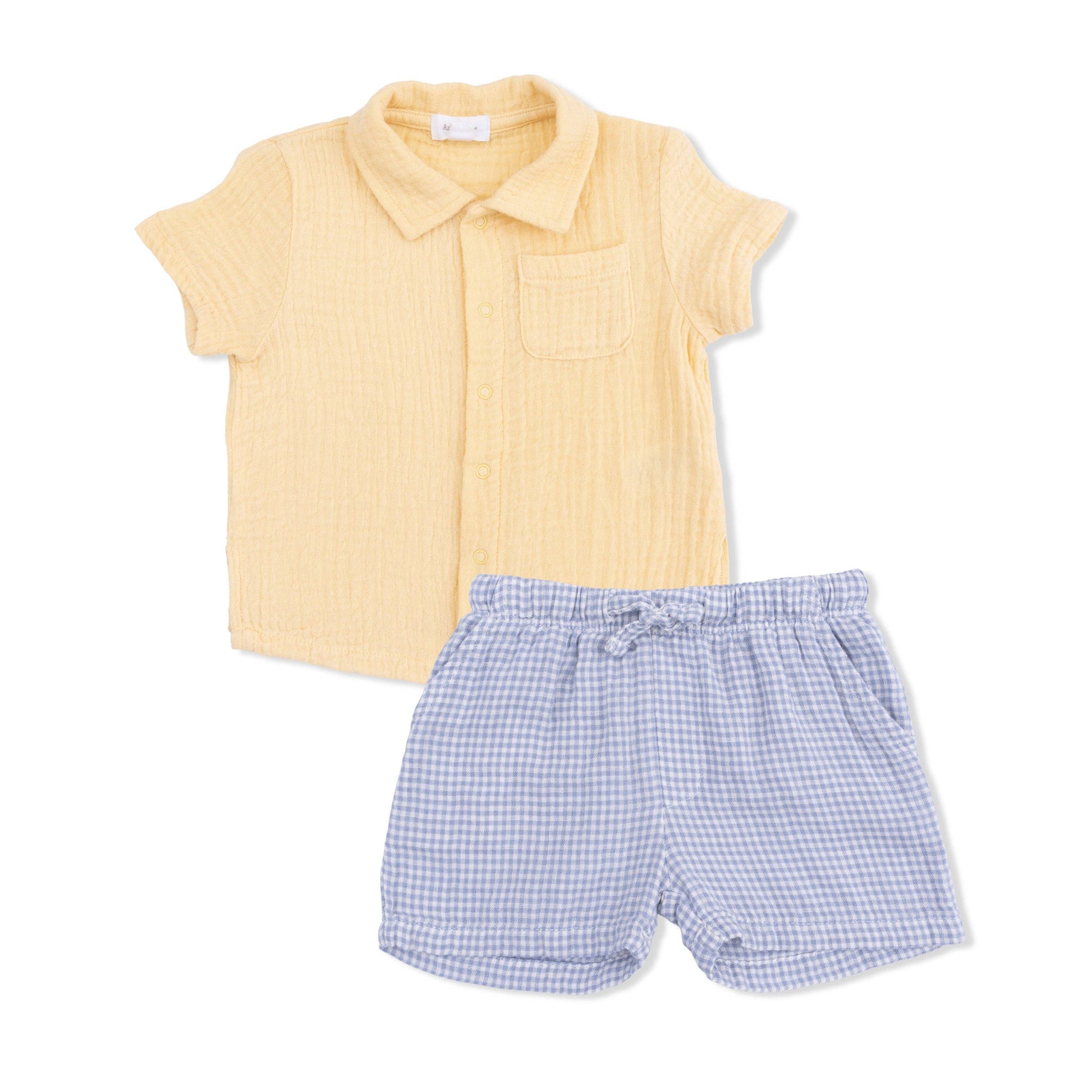 Yellow shirt and blue checkered shorts on a white background