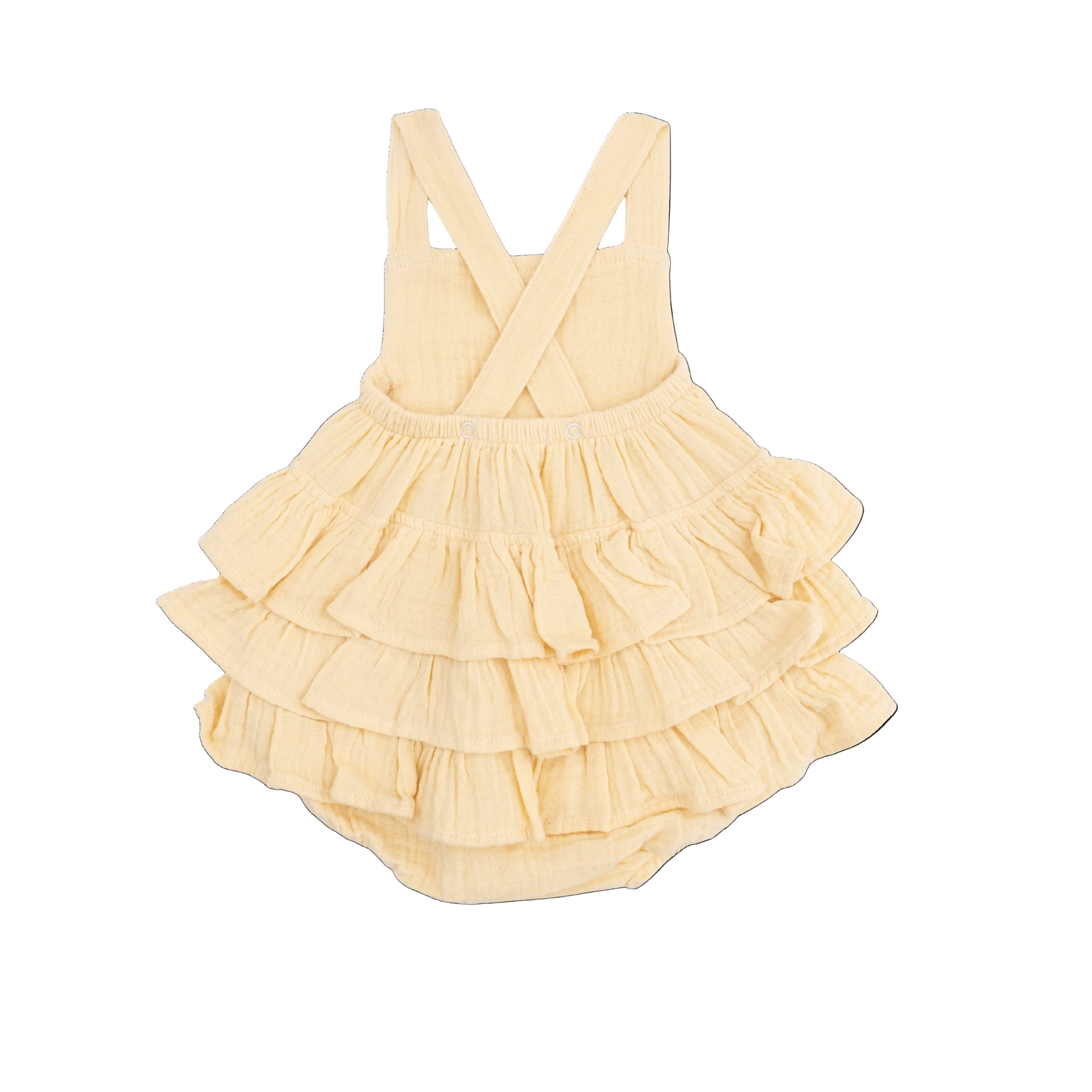 Back of Yellow ruffled romper on a white background