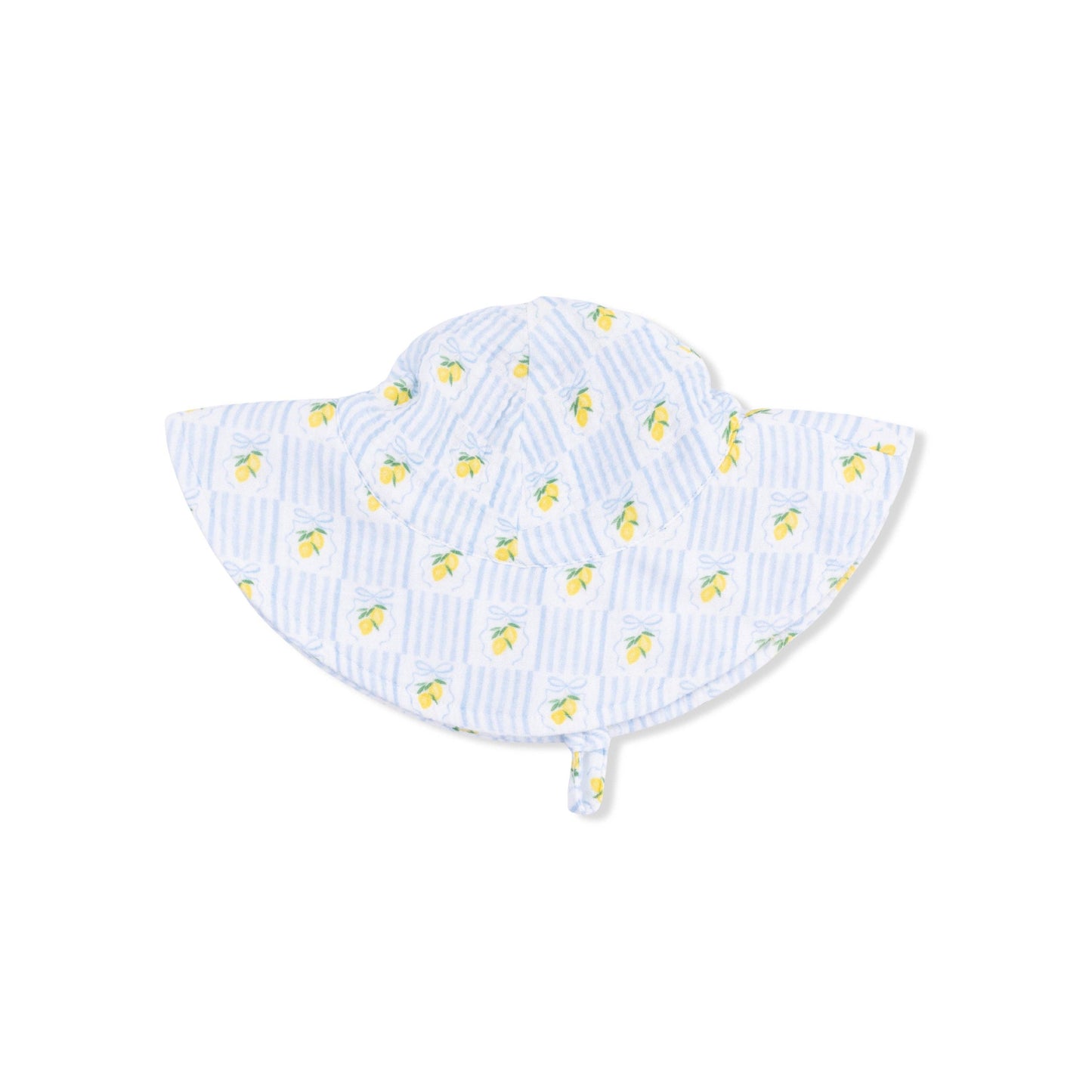 Baby sun hat with lemon pattern on a white background