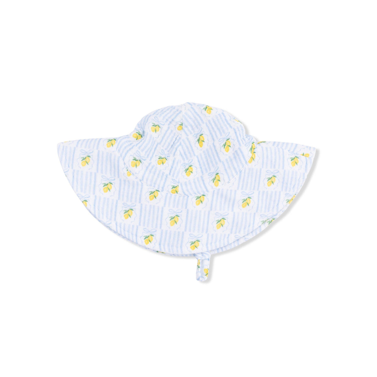 Baby sun hat with lemon pattern on a white background