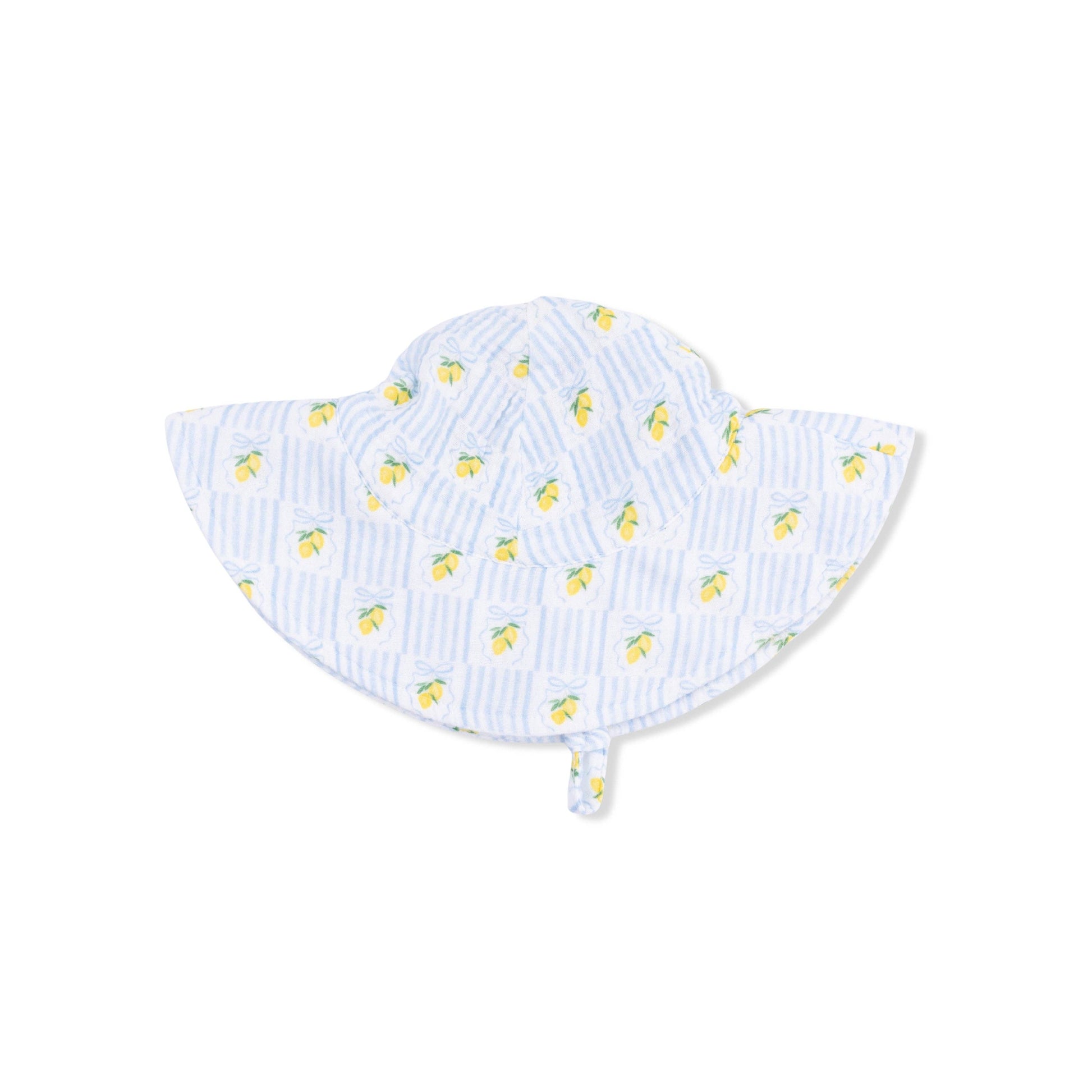 Baby sun hat with lemon pattern on a white background